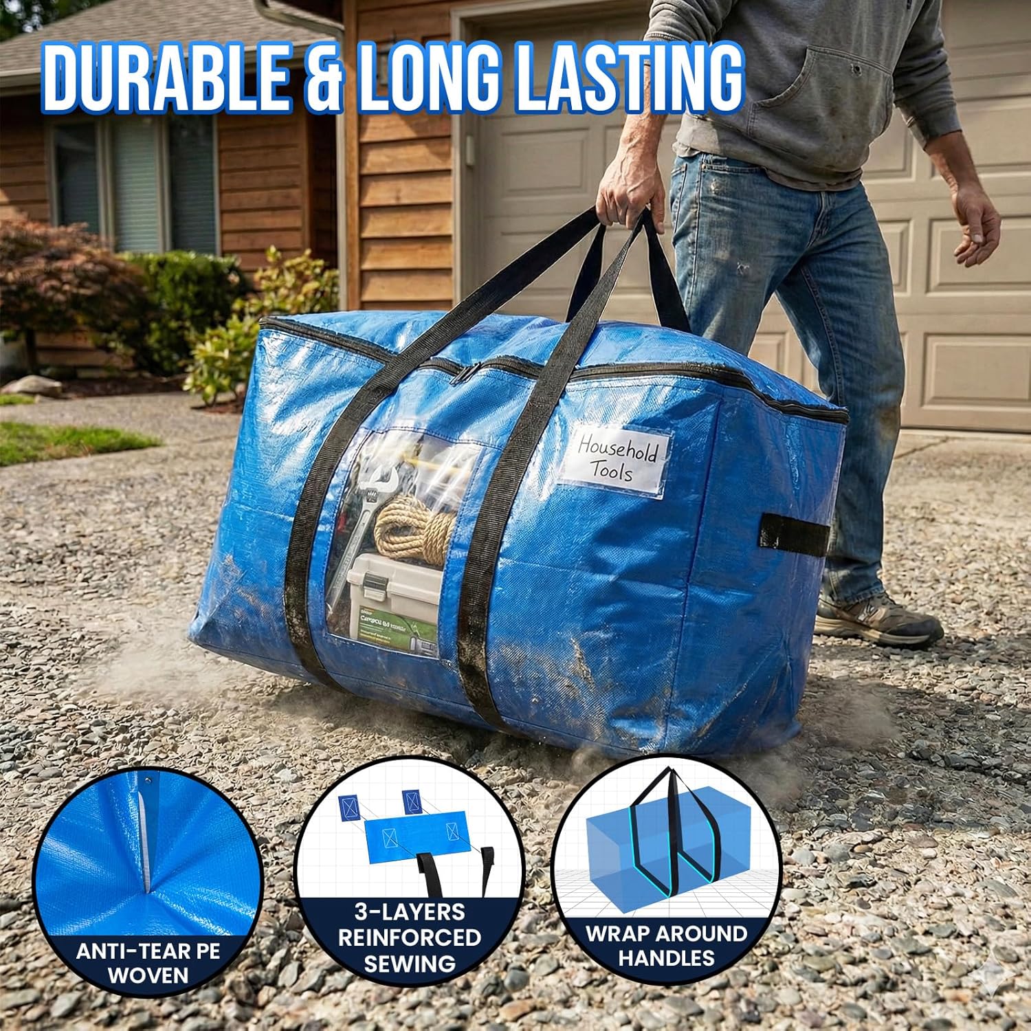 TAILI Extra Large Moving Bags. 4 Pack Blue Heavy Duty Totes For Storage with Visible Window. Wrap Around Handles. Storage Bags for Space Saving. Alternative to Moving Boxes - Image 3